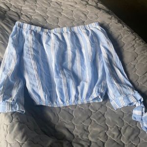 blue and white crop off the shoulder